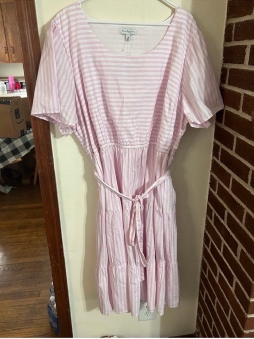NWT Kim Rogers Size 3x Pink Stripe Tiered Waist Tie Dress